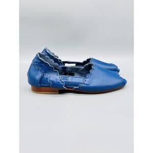 BaliElf Shoes Womens 8 Blue Leather D'Orsay Peep Toe Flats Scallop Sandals